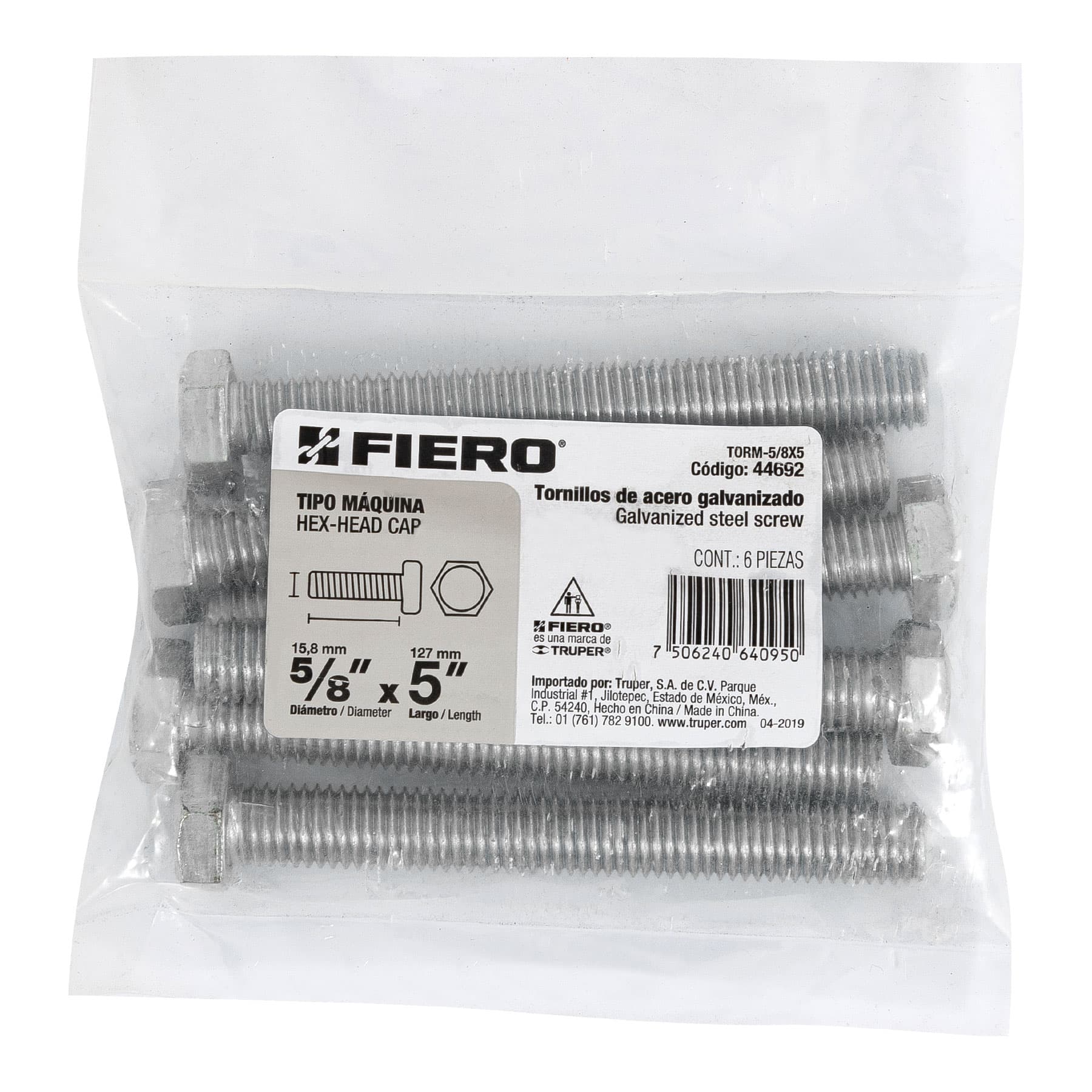 Fiero TORM-5/8X5 Bolsa con 6 tornillos 5/8' x 5' tipo máquina