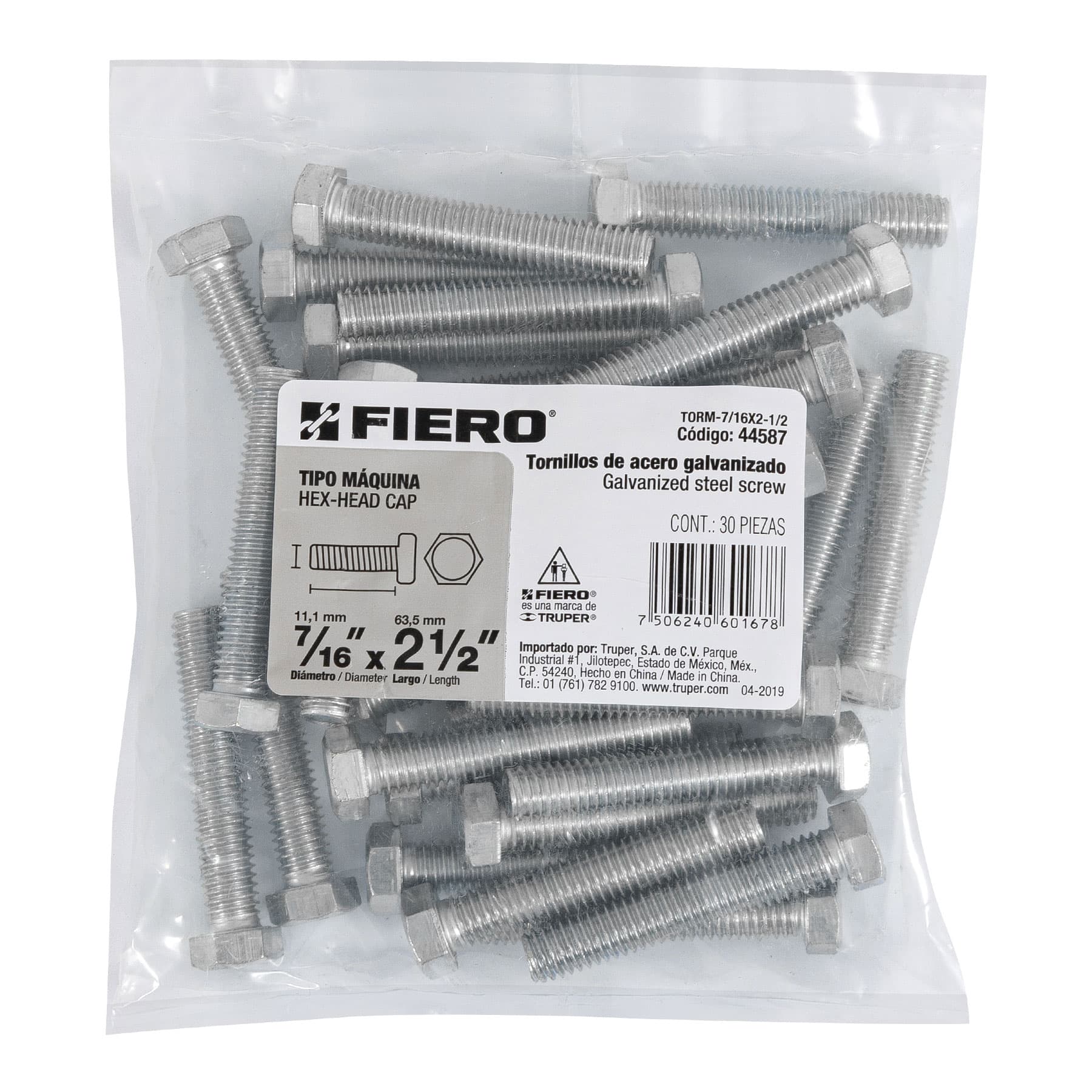 Fiero TORM-7/16X2-1/2 Bolsa con 30 tornillos 7/16' x 2-1/2' tipo máquina