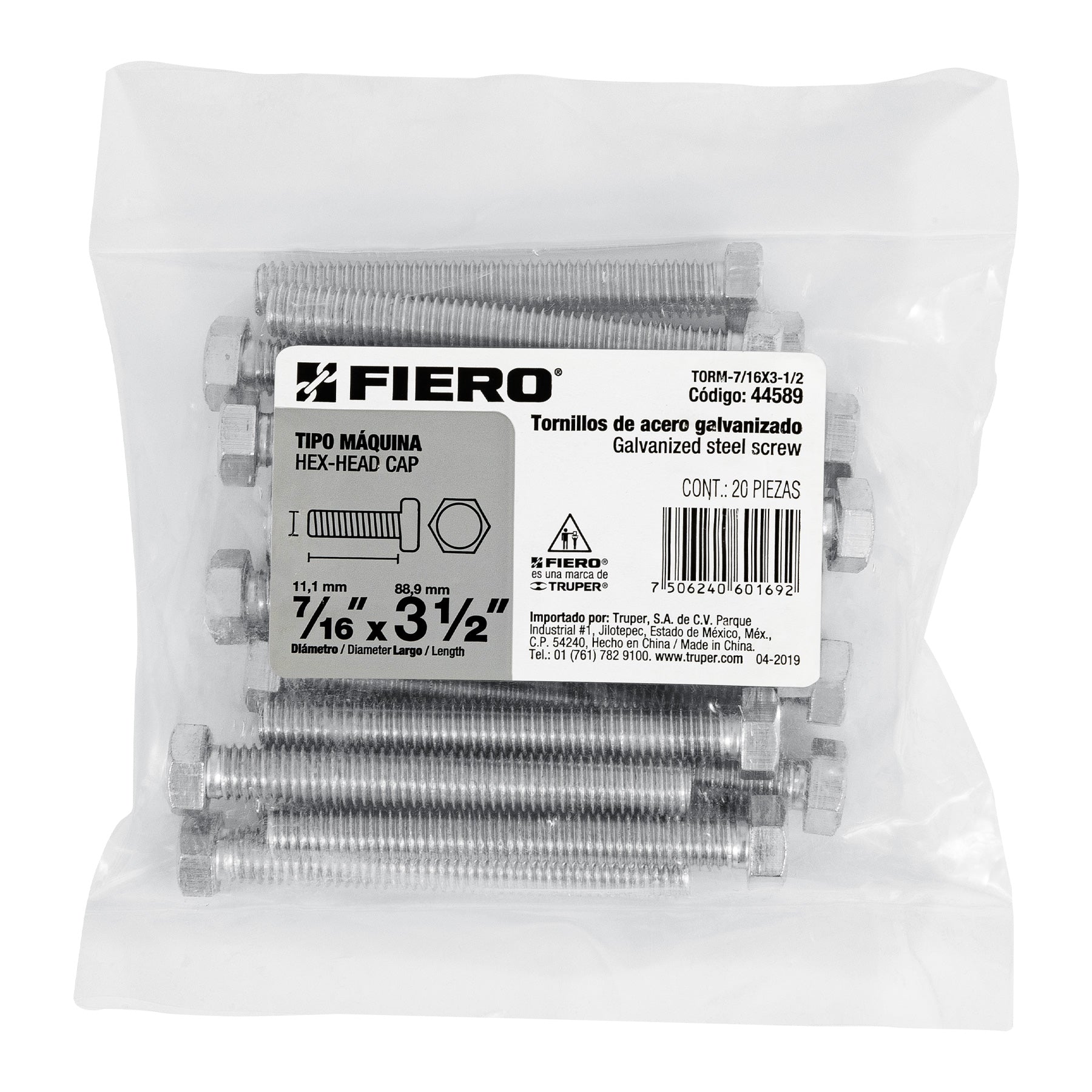 Fiero TORM-7/16X3-1/2 Bolsa con 20 tornillos 7/16' x 3-1/2' tipo máquina
