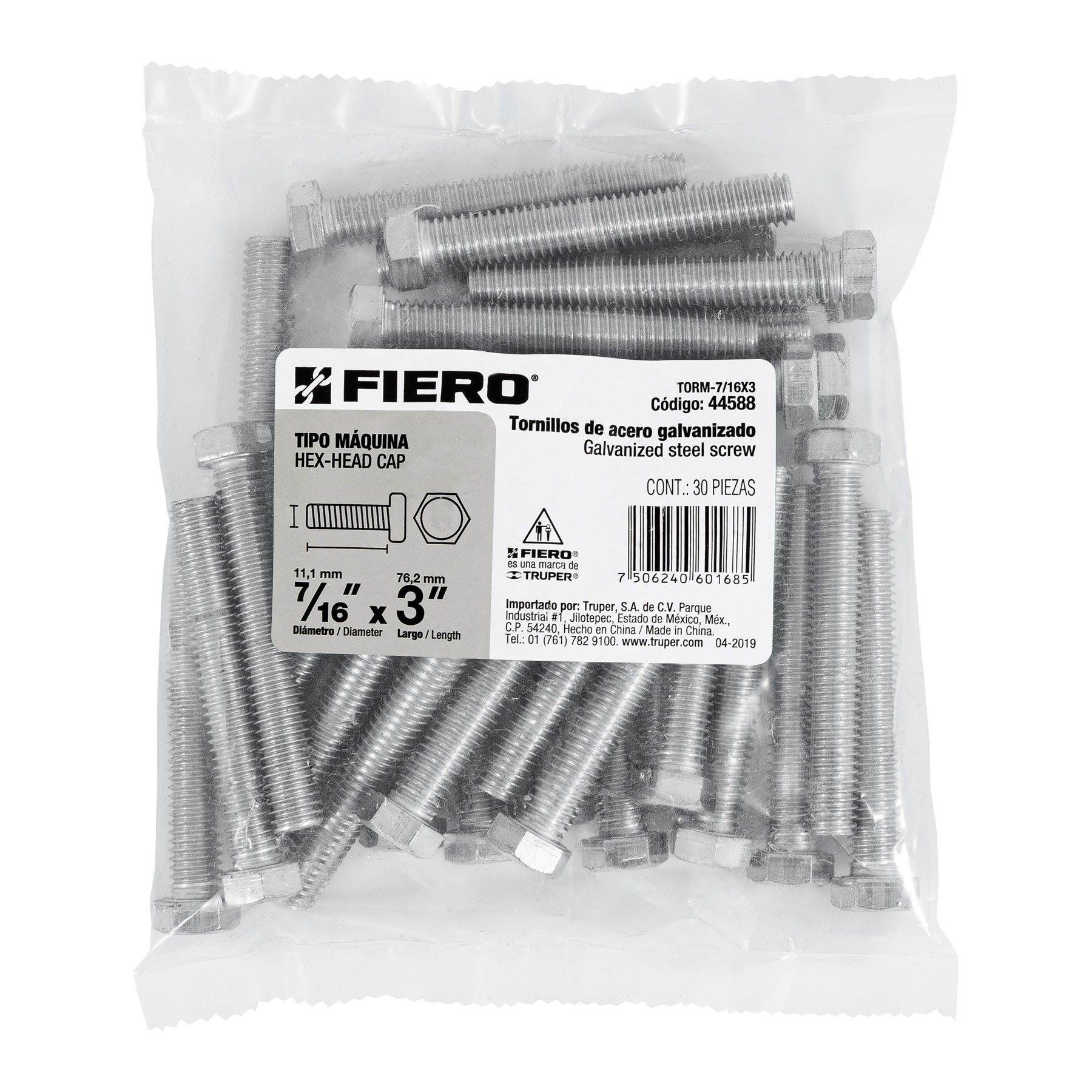 Fiero TORM-7/16X3 Bolsa con 30 tornillos 7/16' x 3' tipo máquina