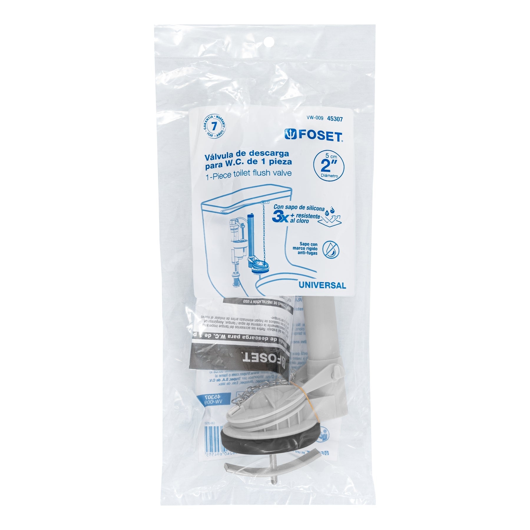Foset VW-009 Válvula de descarga 2' para WC de 1 pza, cadena inox