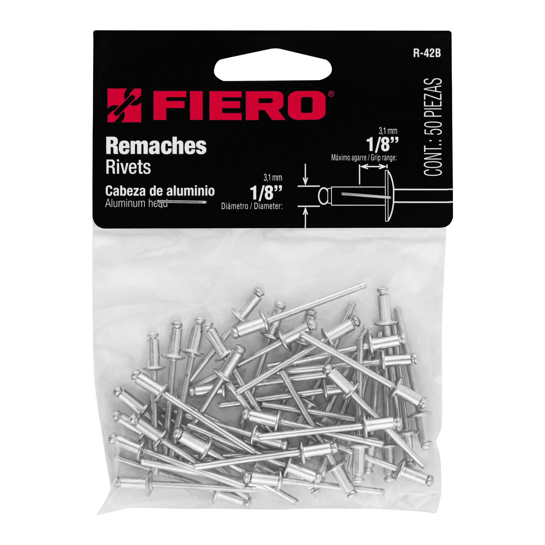 Fiero R-42B Caja con 10 bolsas de remaches con espiga, 1/8' x 1/8' de (500 pzas en total)