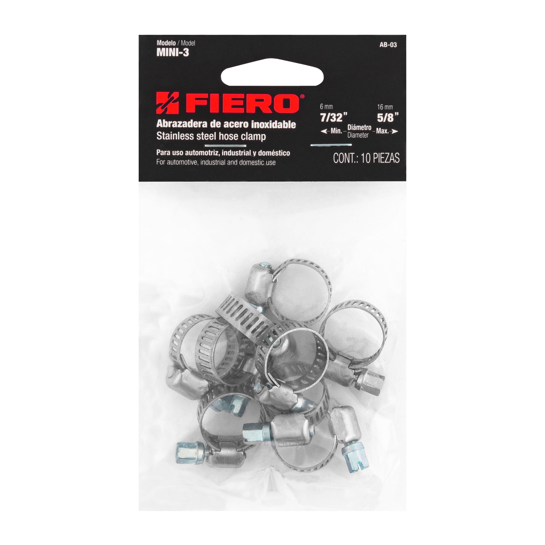 Fiero AB-03 Mini-abrazadera reforzada #3, 1/4' - 5/8', bolsa con 10 pzas - Ferrenacional