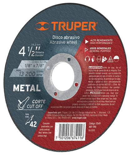 Expert ABT-390 Disco corte metal, tipo42, diámetro 4-1/2', alto rendimiento