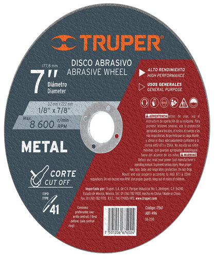 Expert ABT-496 Disco para corte de metal, tipo 41, diámetro 7'