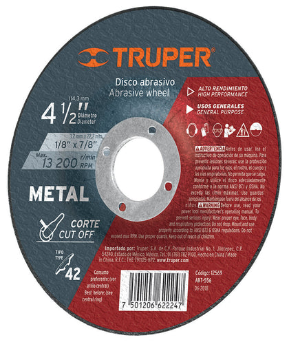 Truper ABT-556 Disco para corte de metal, tipo 42, diámetro 4-1/2'