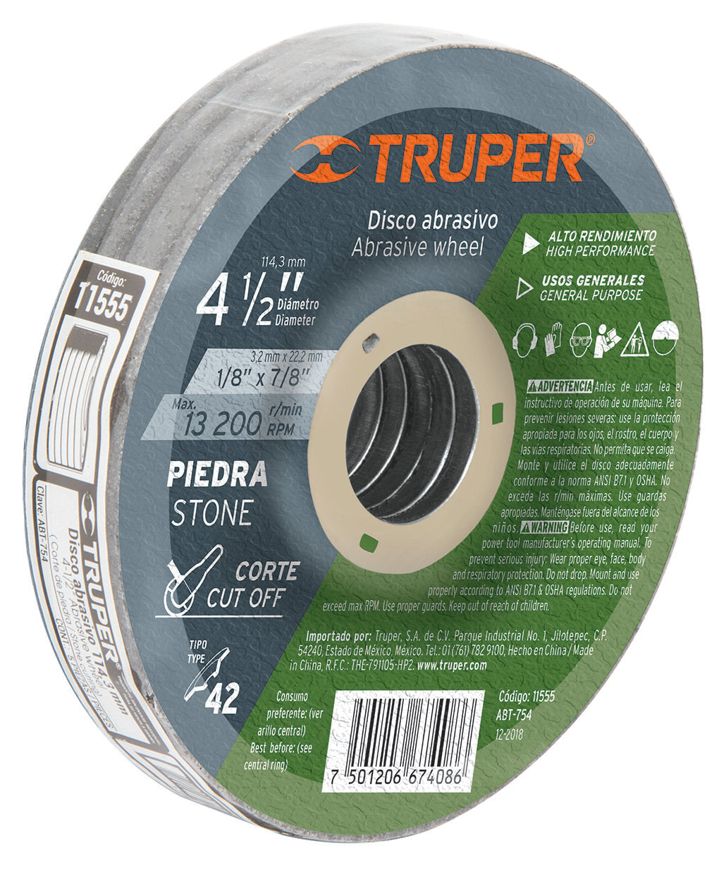 Truper ABT-754 Disco para corte de piedra, tipo 42, diámetro 4-1/2'
