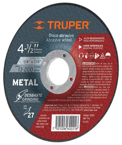 Truper ABT-774 Disco para desbaste de metal, tipo 27, diámetro 4-1/2'