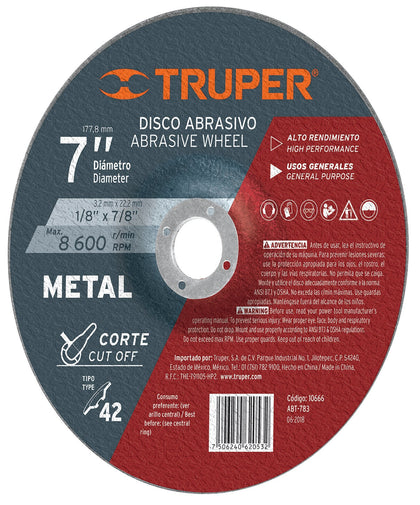Truper ABT-783 Disco para corte de metal, tipo 42, diámetro 7'
