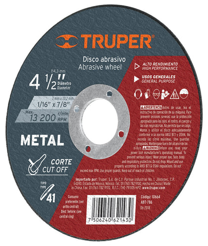 Truper ABT-786 Disco para corte de metal, tipo 41, diámetro 4-1/2'