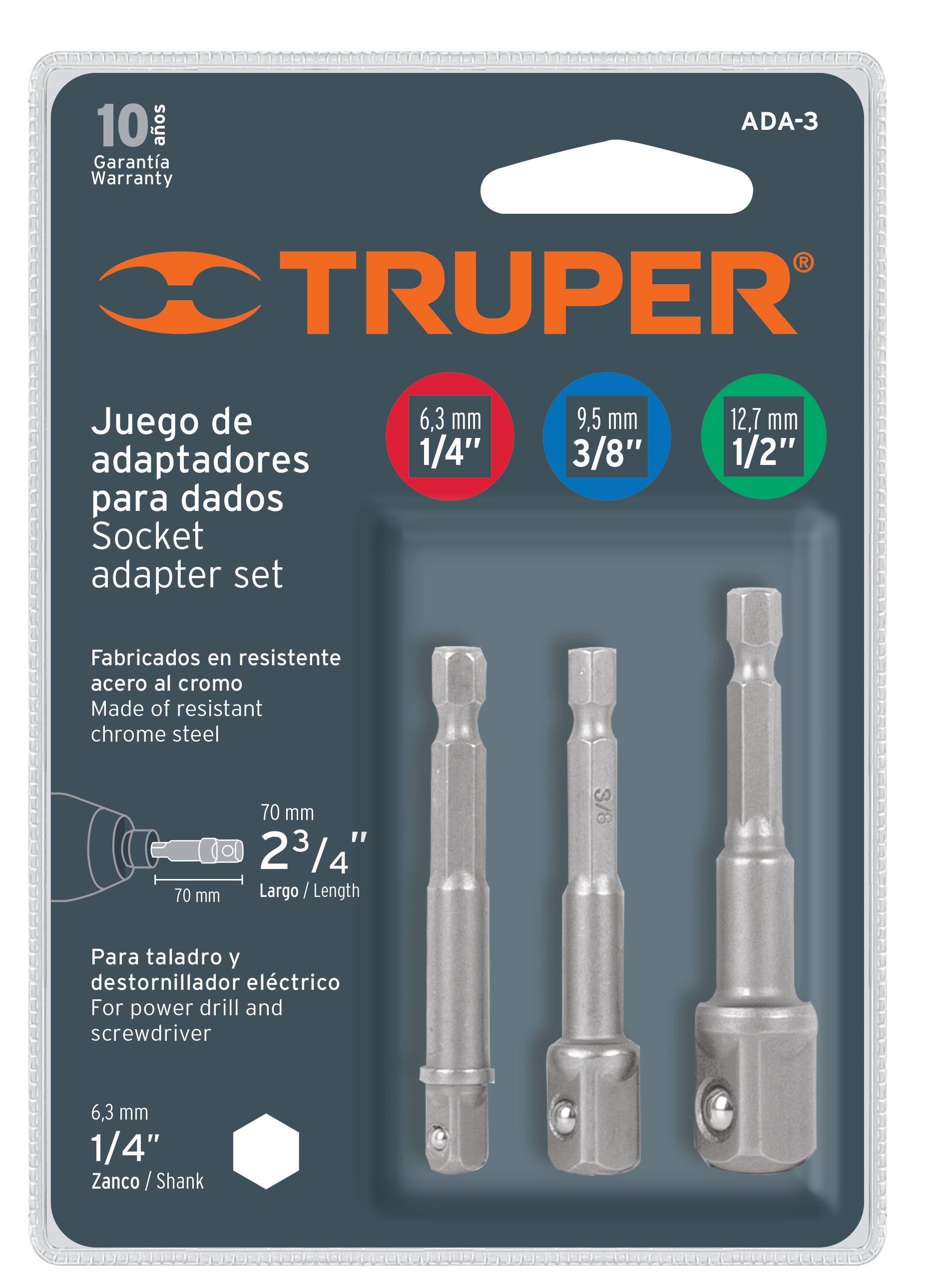 Truper ADA-3 Juego de adaptadores para dados, 1/4', 3/8' y 1/2', 3 piezas - Ferrenacional