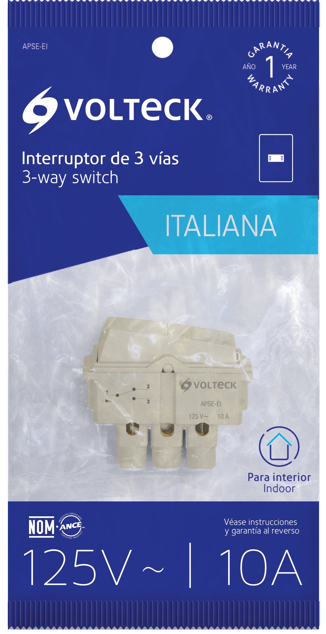 Volteck APSE-EI Interruptor de 3 vías, línea Italiana, color marfil