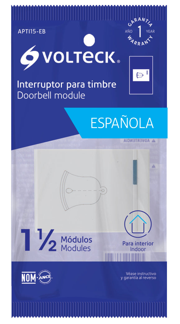 Volteck APTI15-EB Interruptor para timbre, 1.5 módulos, línea Española, blanco
