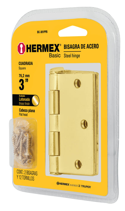 Hermex BC-301PPB Bisagra cuadrada 3', acero latonado, blíster 2, Hermex Basic