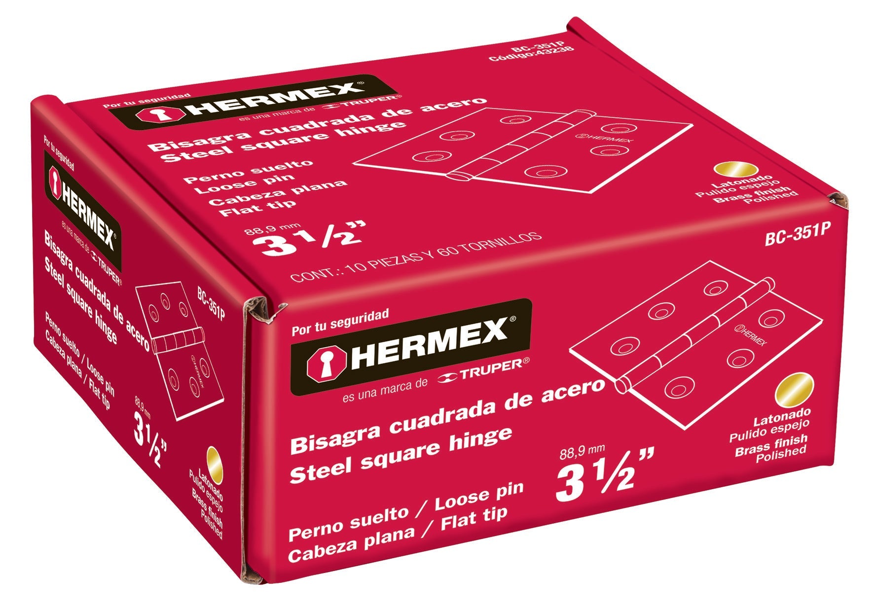 Hermex BC-351P Bisagra cuadrada 3-1/2', acero latonado, plana - Ferrenacional