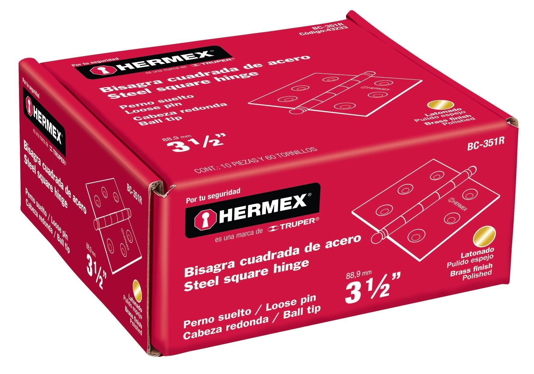 Hermex BC-351R Bisagra cuadrada 3-1/2', acero latonado, redonda - Ferrenacional