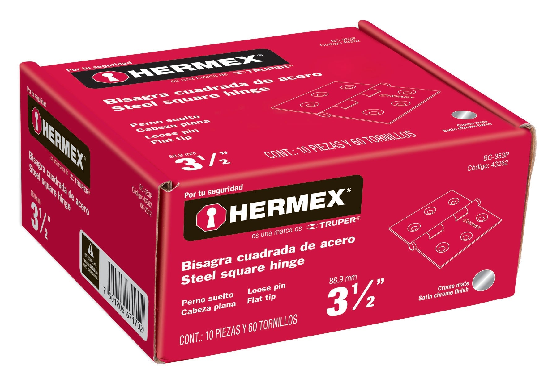 Hermex BC-353P Bisagra cuadrada 3-1/2', acero cromo mate, plana - Ferrenacional