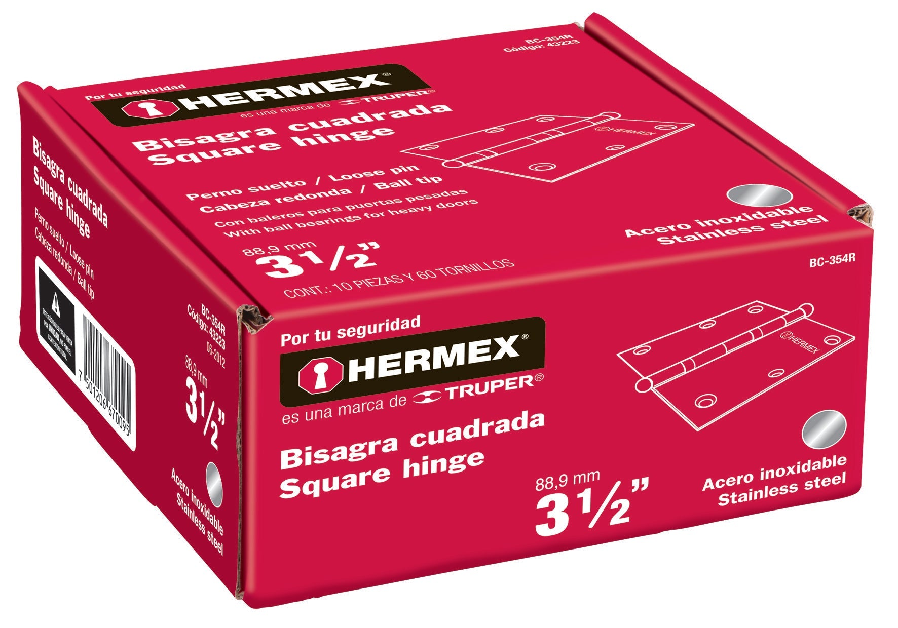Hermex BC-354R Bisagra cuadrada 3-1/2', acero inoxidable, redonda - Ferrenacional