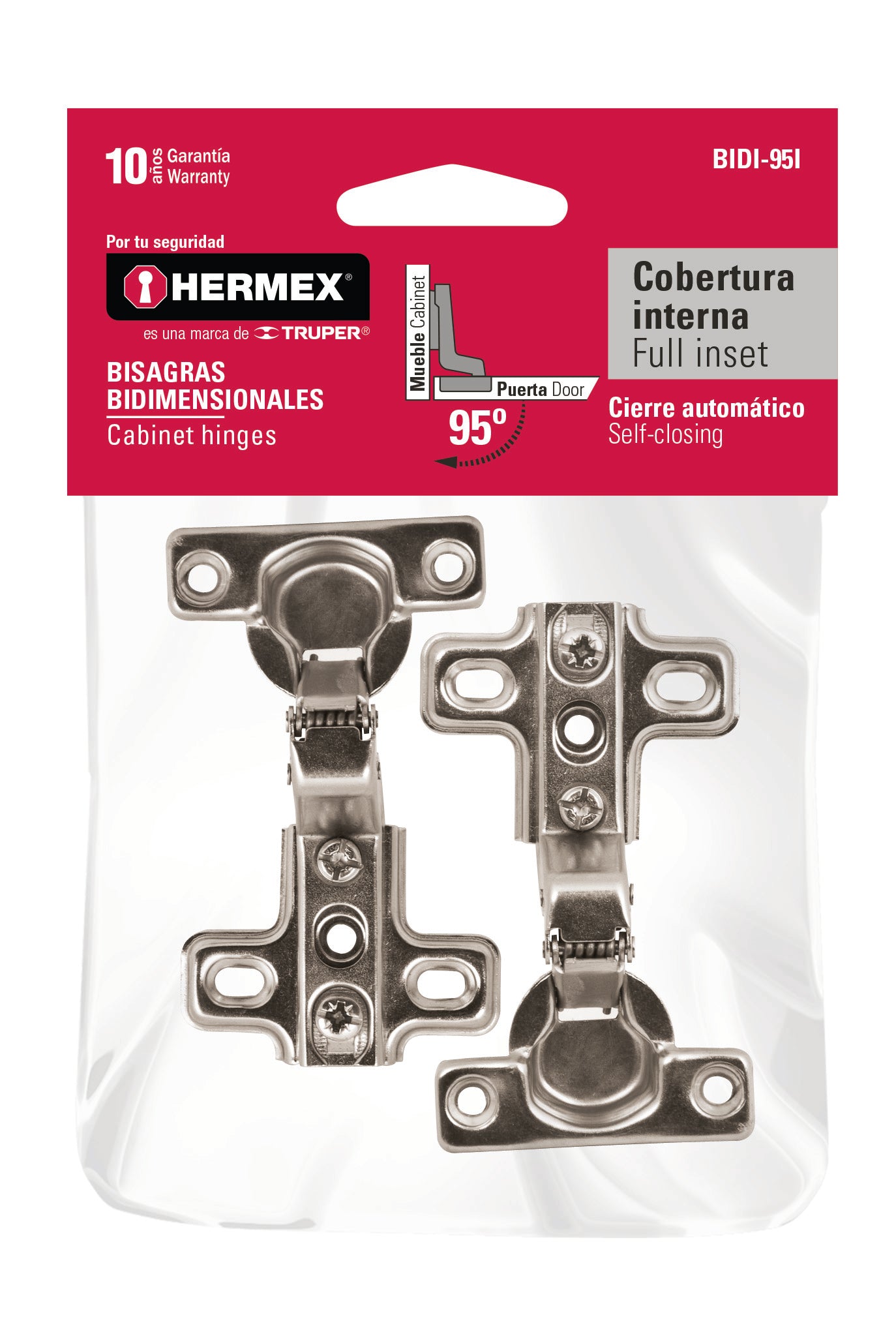 Hermex BIDI-95I Bisagras bidimensional, 95º, cobertura interna, bolsa 2 pzas - Ferrenacional