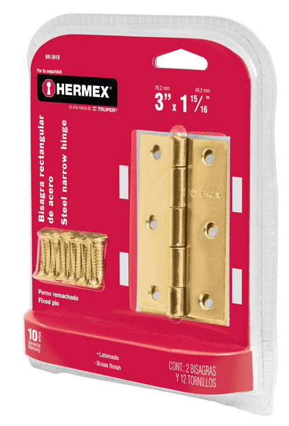 Hermex BR-301B Bisagras rectangulares 3', acero latonado, blíster 2