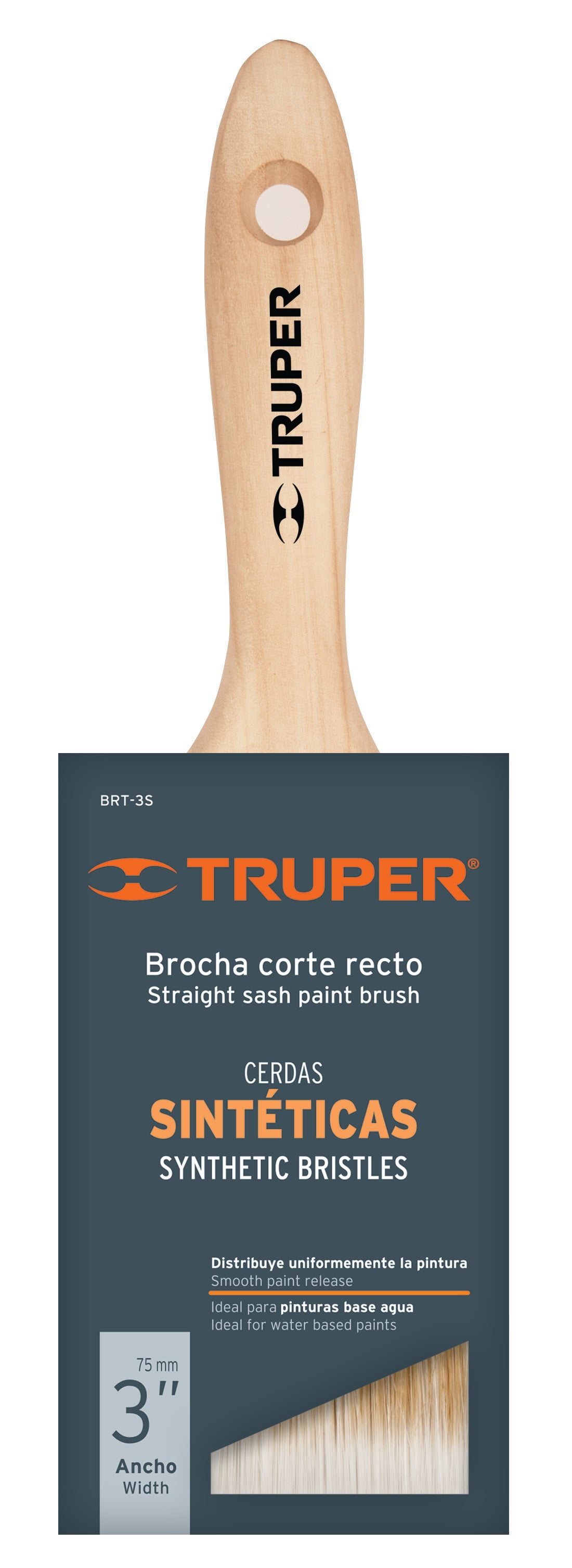 Truper BRT-3S Brocha cerdas sintéticas,mango de madera, corte recto, 3'