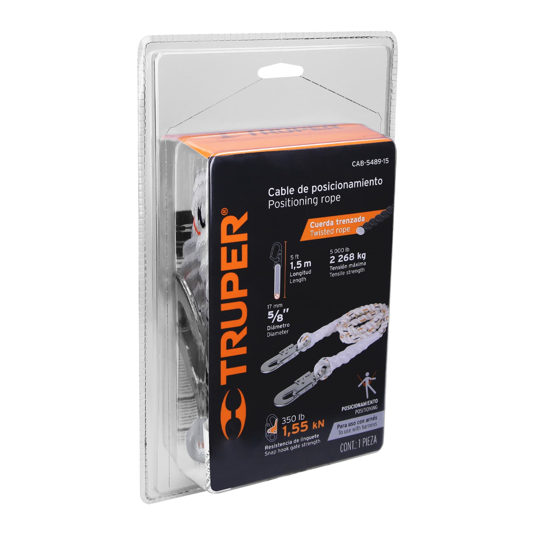 Truper CAB-5489-15 Cable de posicionamiento con 2 ganchos, 1.5 m