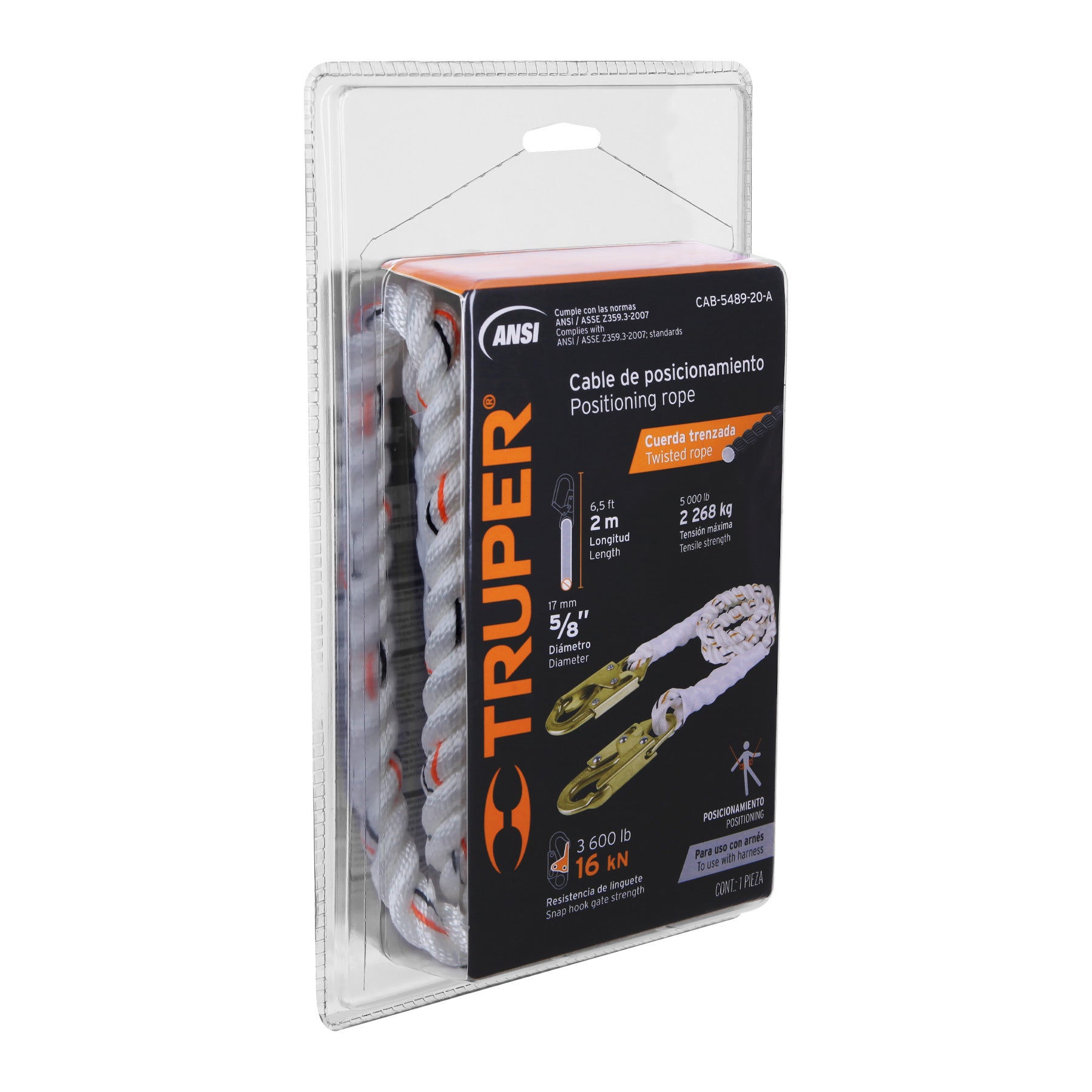 Truper CAB-5489-20-A Cable de posicionamiento con 2 ganchos, 2 m, ANSI