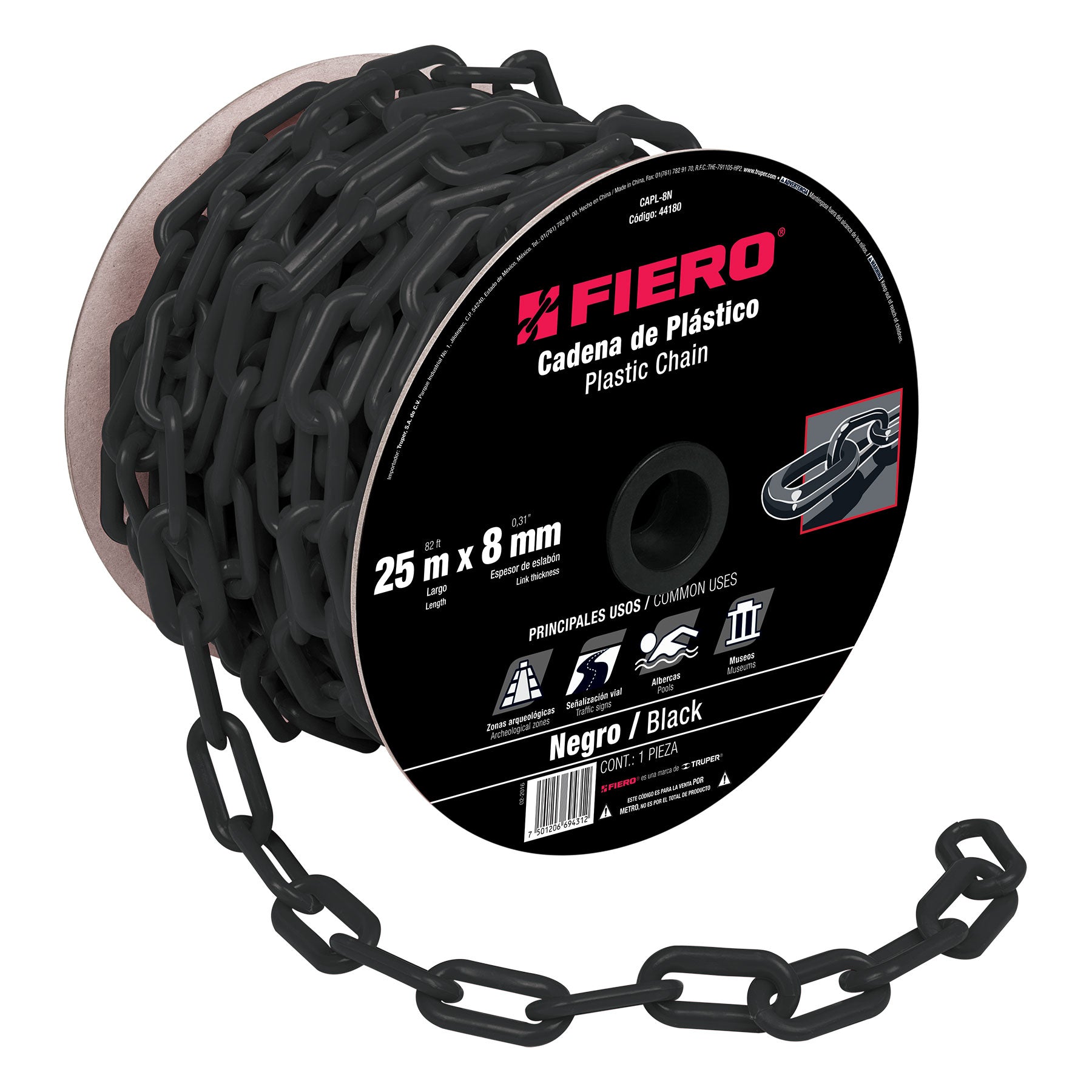 Fiero CAPL-8N Cadena de 8 mm de plástico blanca, carrete de 25 m