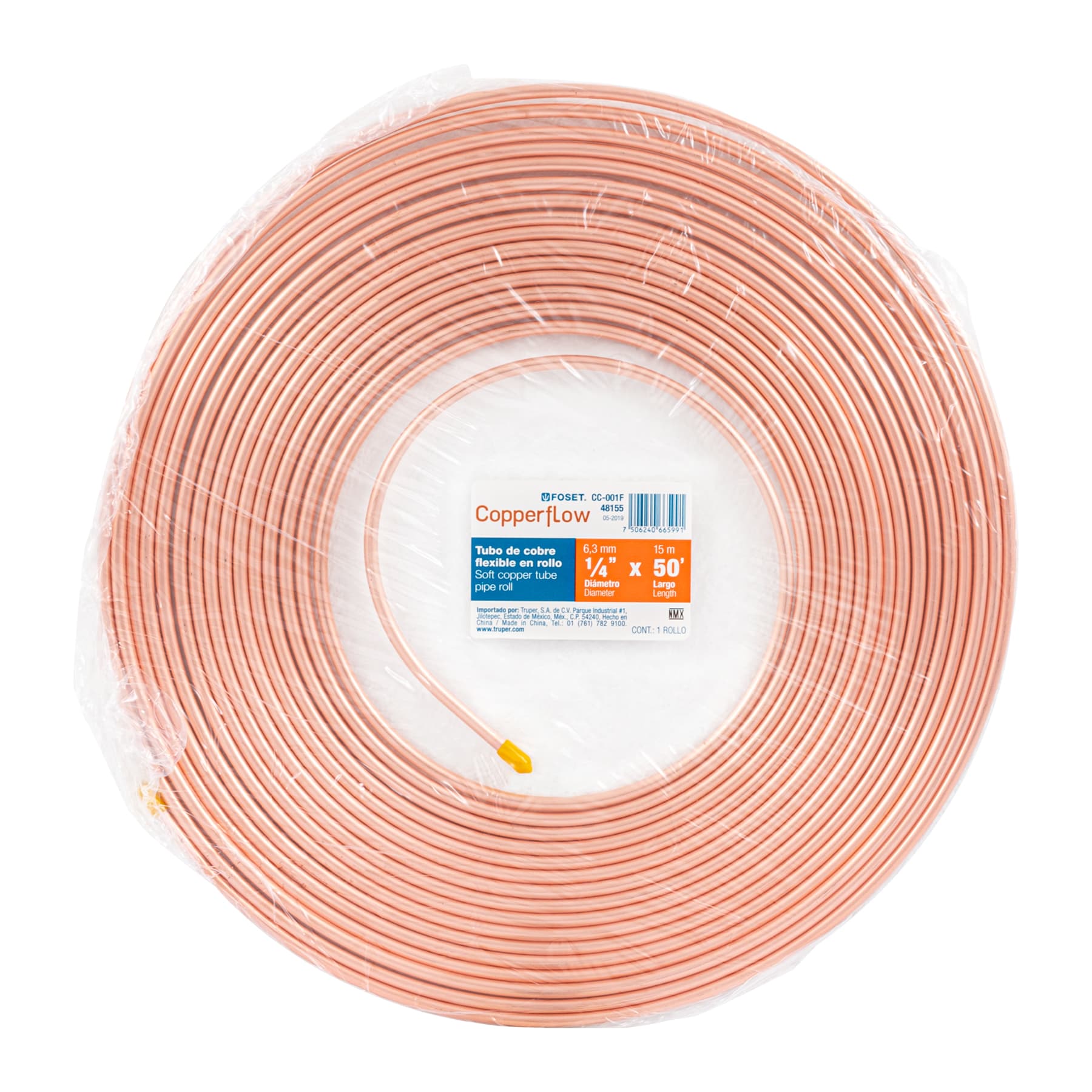 Foset CC-001F Tubo de cobre flexible, 1/4', rollo de 15 metros