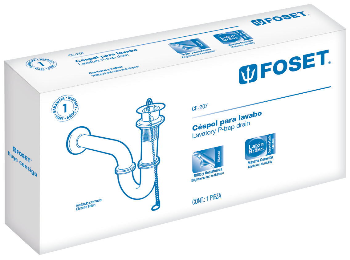 Foset CE-207 Céspol p/lavabo latón c/contra, tapón y cadena, cromo,1-1/4'
