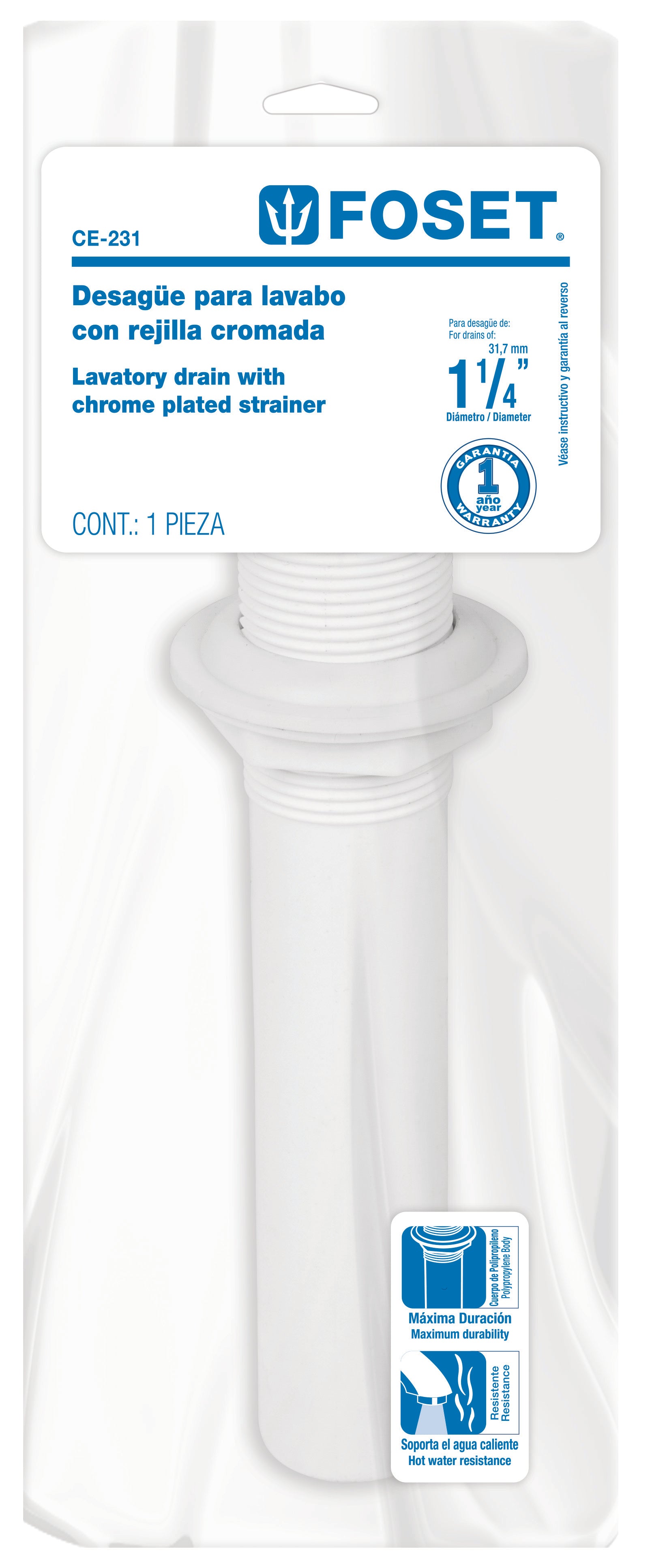 Foset CE-231 Contra para lavabo c/rebosadero, polipropileno, 1-1/4'