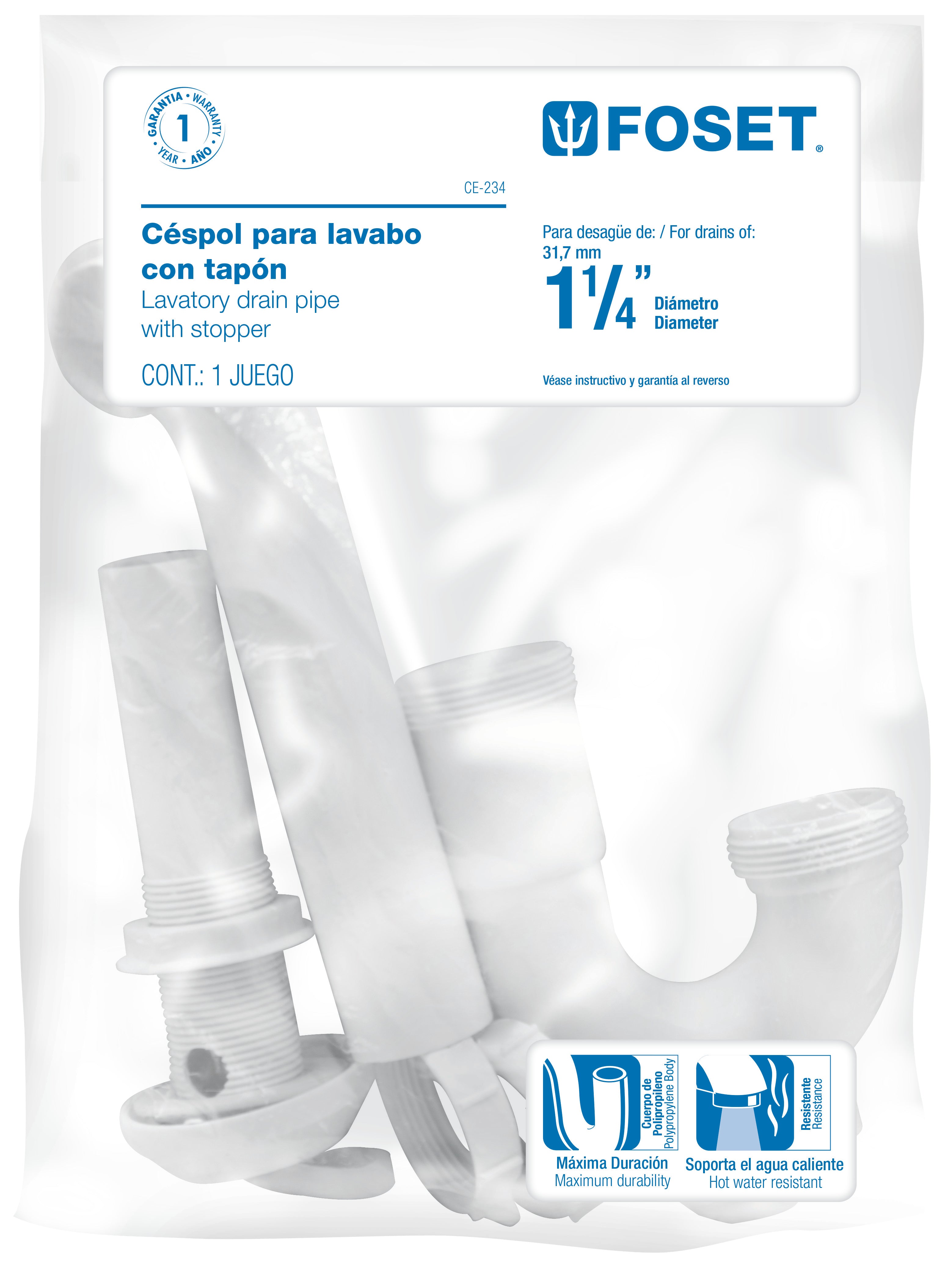 Foset CE-234 Céspol rígido para lavabo con contra, polipropileno, 1-1/4'