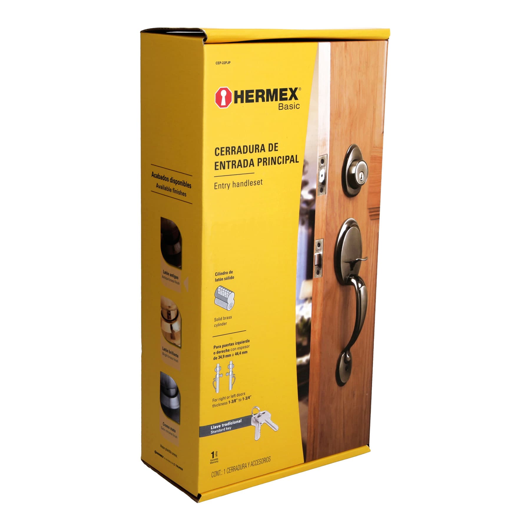 Hermex CEP-22PJP Cerradura entrada, latón antiguo, doble, pomo, Hermex Basic