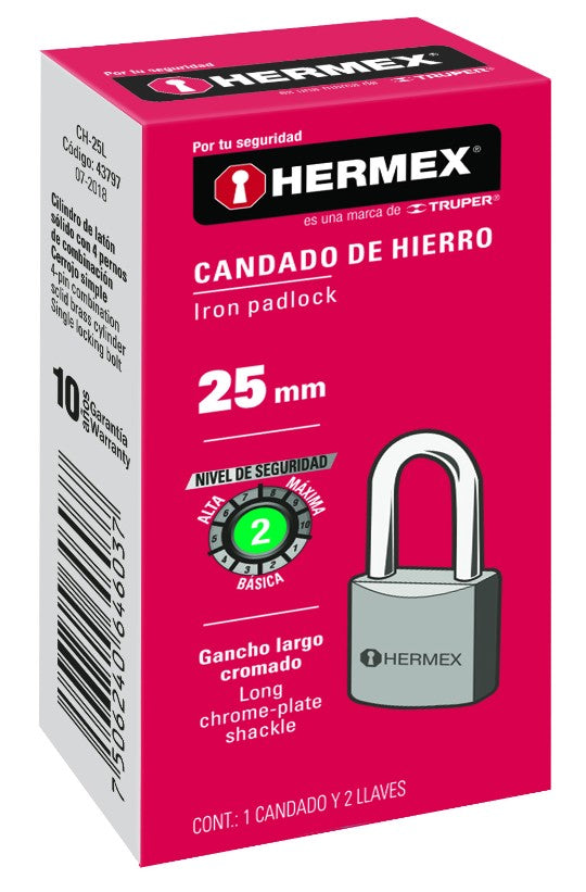 Hermex CH-25L Candado de hierro, 25mm, gancho largo, caja