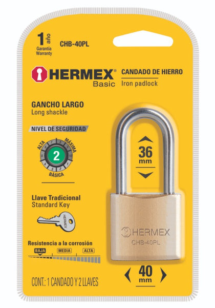 Hermex CHB-40PL Candado de hierro, color laton, 40mm, largo, blister, Basic