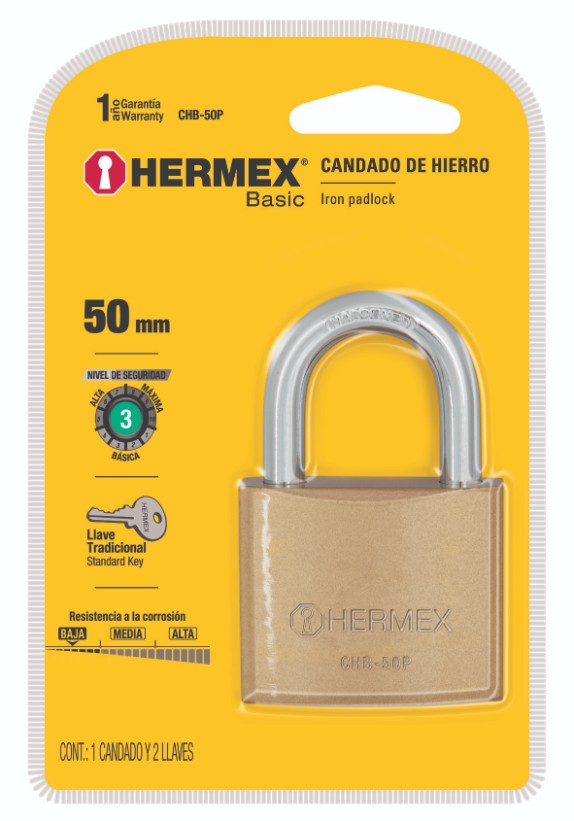 Hermex CHB-50P Candado de hierro, color latón, 50mm, corto, blíster, Basic