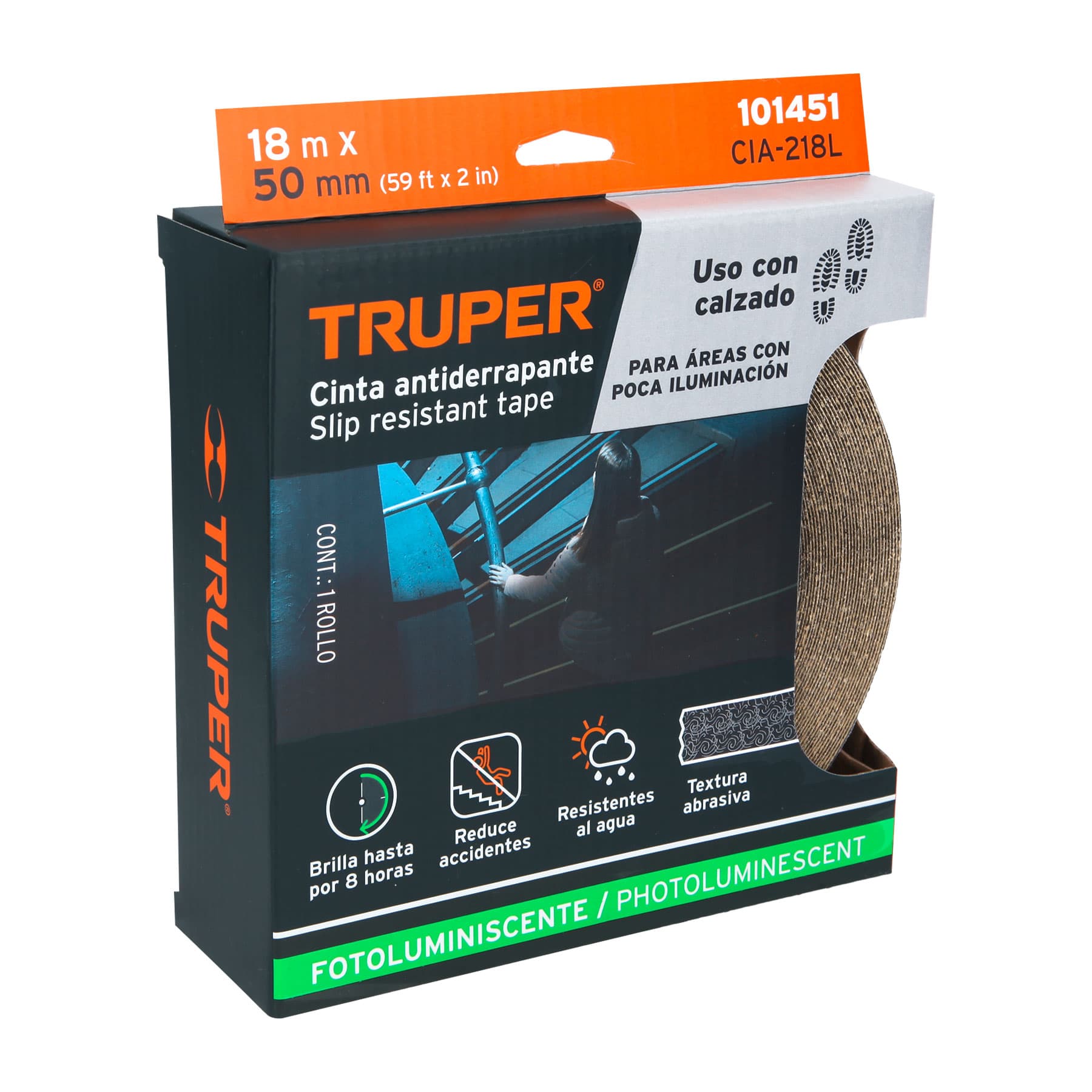 Truper CIA-218L Rollo de 18m cinta antiderrapante fotolumini. 50 mm abrasivo
