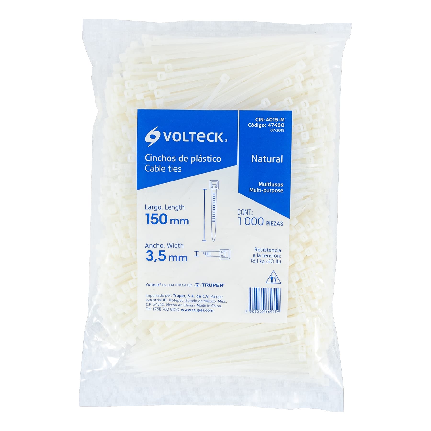 Volteck CIN-4015-M Bolsa con 1000 cinchos plásticos 40lb, 150x3.5 mm, naturales