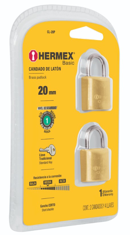 Hermex CL-20P Candados de latón, 20mm, blister 2 piezas, Hermex Basic