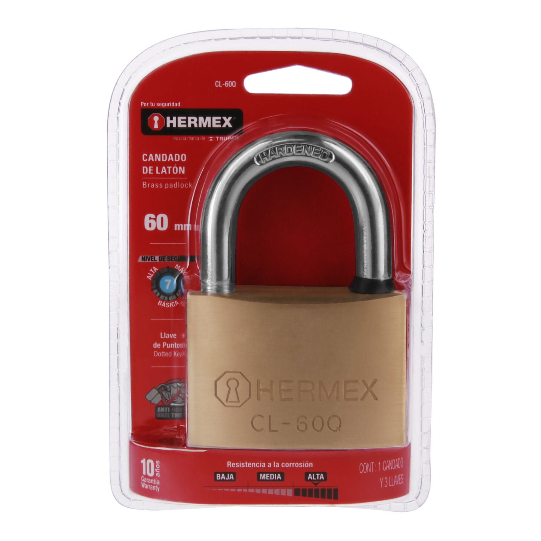 Hermex CL-60Q Candado de latón, 60mm, gancho corto, llave de puntos, blíster