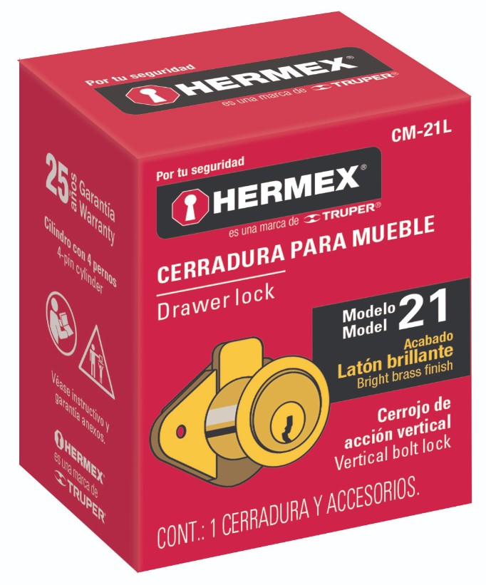 Hermex CM-21L Cerradura para mueble, modelo 21, latón