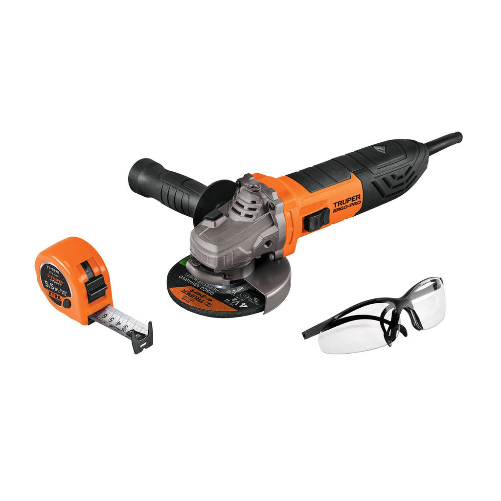 Combo Esmeriladora Profesional 4-1/2" 850W con Flexómetro y Lentes - Truper COMBOE-4580ALF