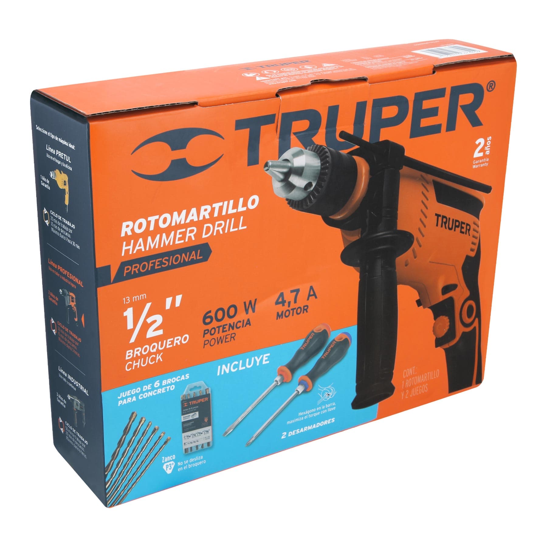 Truper COMBOR-1/2A7 Rotomartillo 1/2' 650 W, 6 brocas y 2 desarmadores