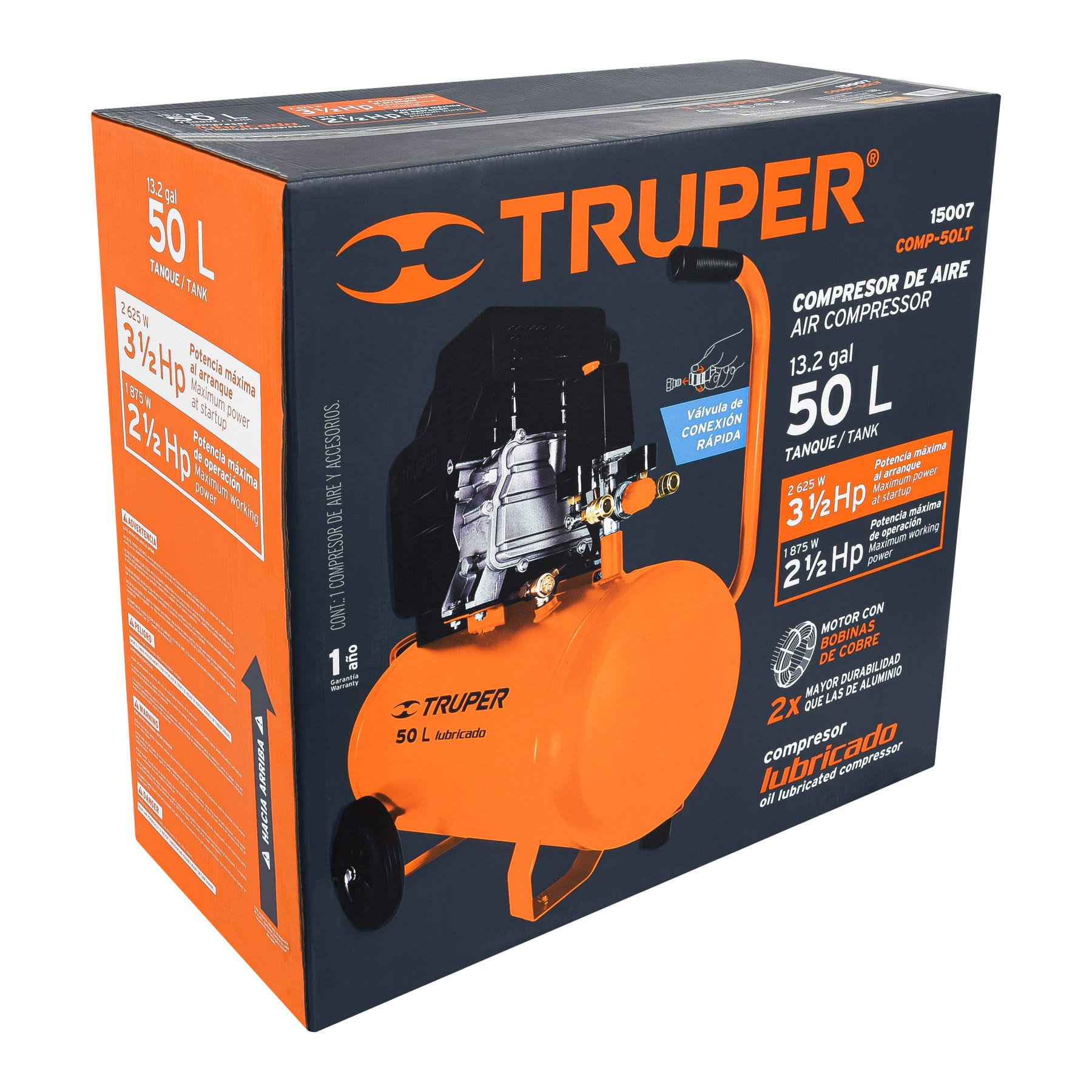 Truper COMP-50LT Compresor horizontal 50L, 3-1/2 HP (potencia máxima),127 V