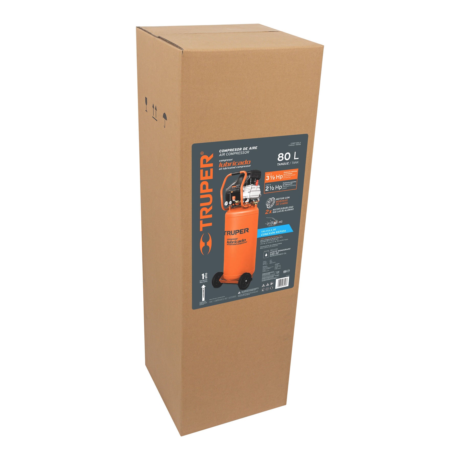 Truper COMP-80LV Compresor vertical, 80 L, 3-1/2 HP (potencia máxima ), 127V