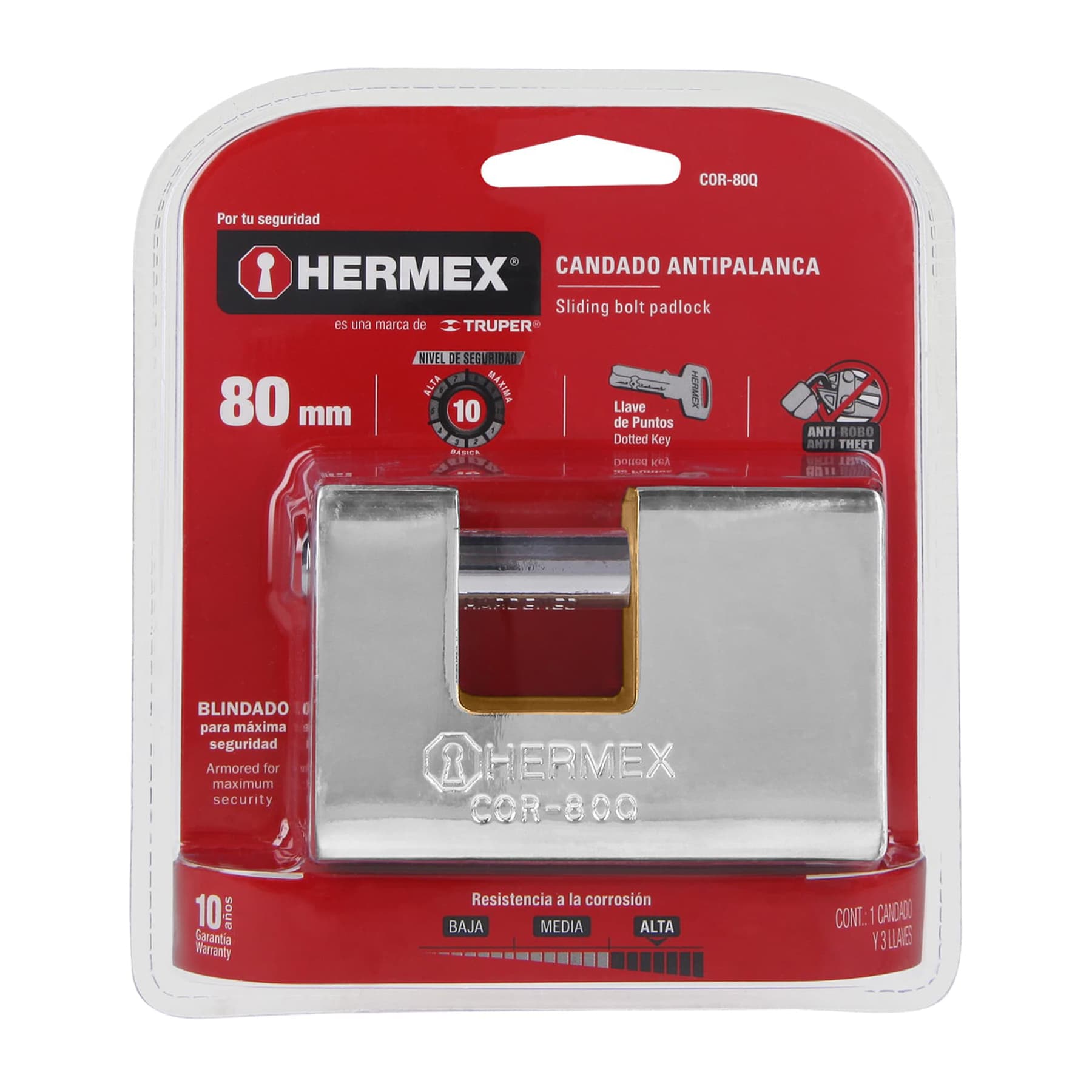 Hermex COR-80Q Candado antipalanca, 80mm, blindado, llave puntos