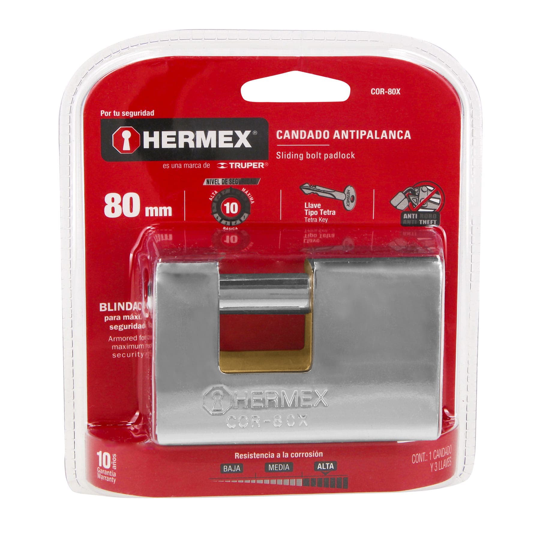 Hermex COR-80X Candado antipalanca, 80mm, blindado, llave tetra
