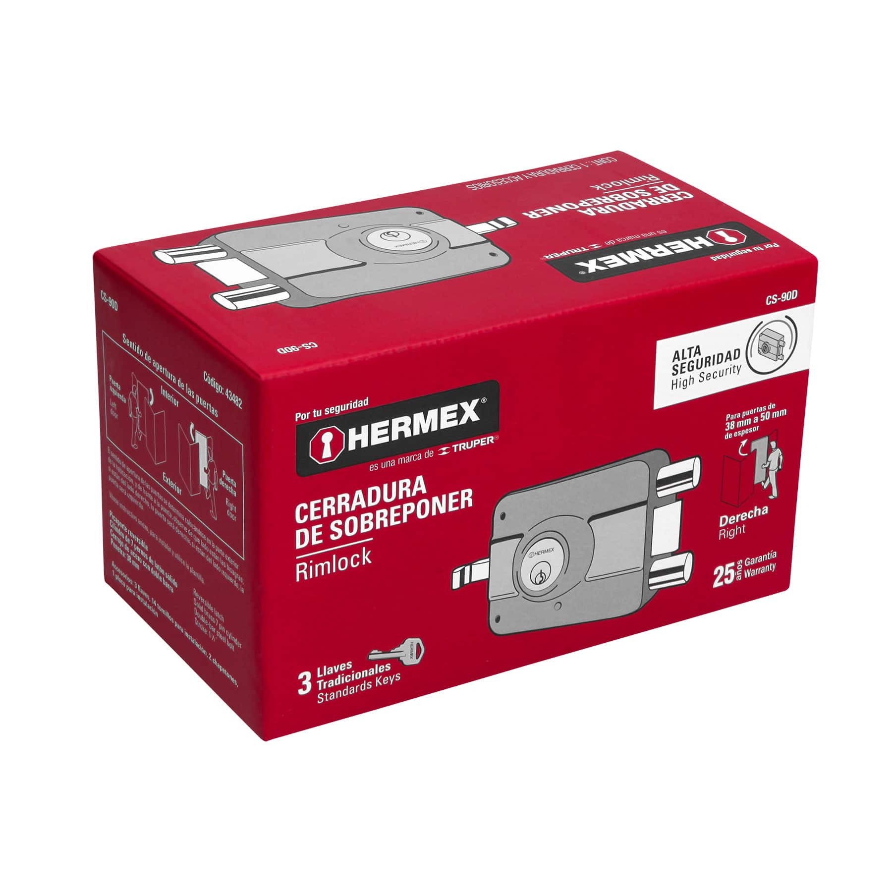 Hermex CS-90D Cerradura de sobreponer, doble cerrojo, derecha