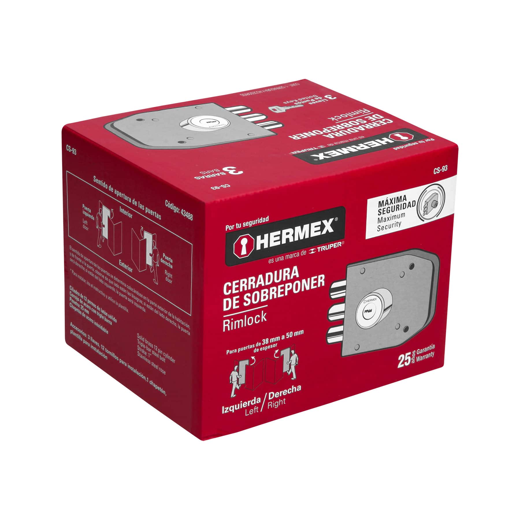 Hermex CS-93 Cerradura de sobreponer, 3 barras