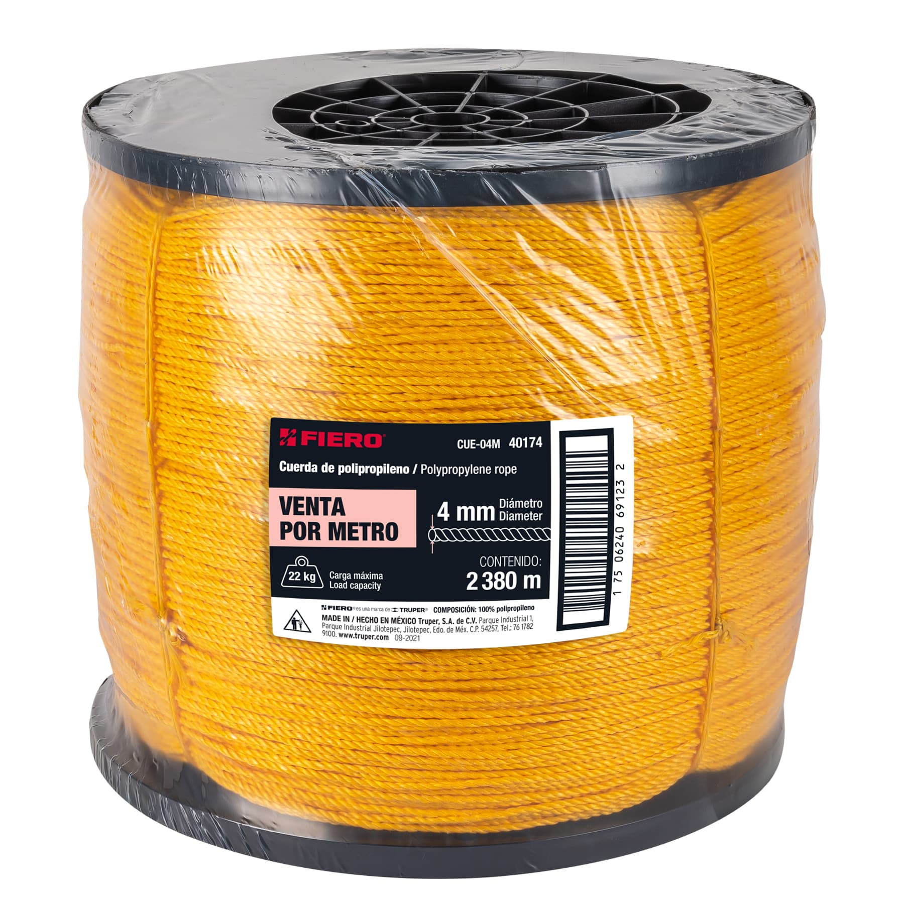 Fiero CUE-04M Cuerda amarilla de 4 mm en rollo de 2,380 m, Fiero